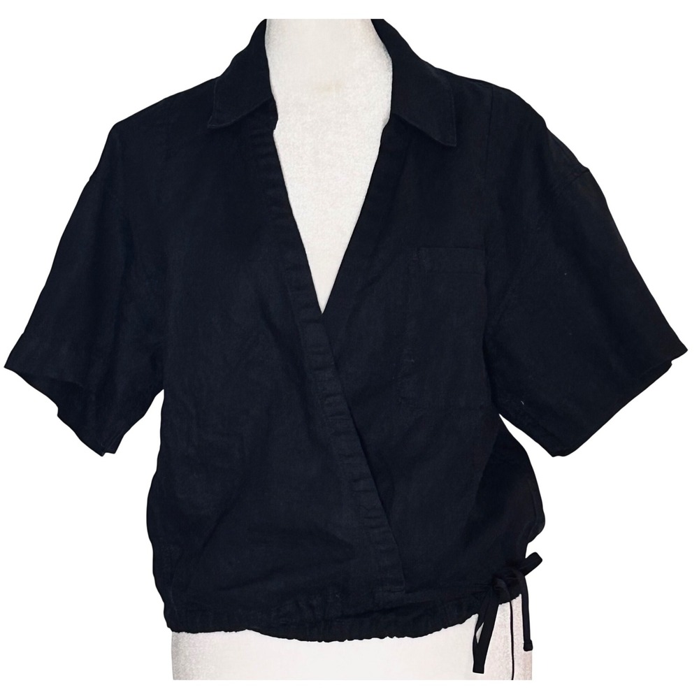 ATHLETA Womens Black 100% Linen Playa Resort Tie Top Wrap Shirt‎ Medium Travel